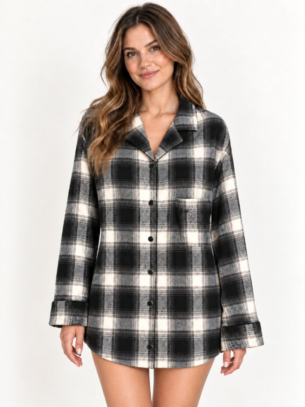 SKIMS Fleece Plaid Sleep Shirt Pajama Top Black Gray S/M